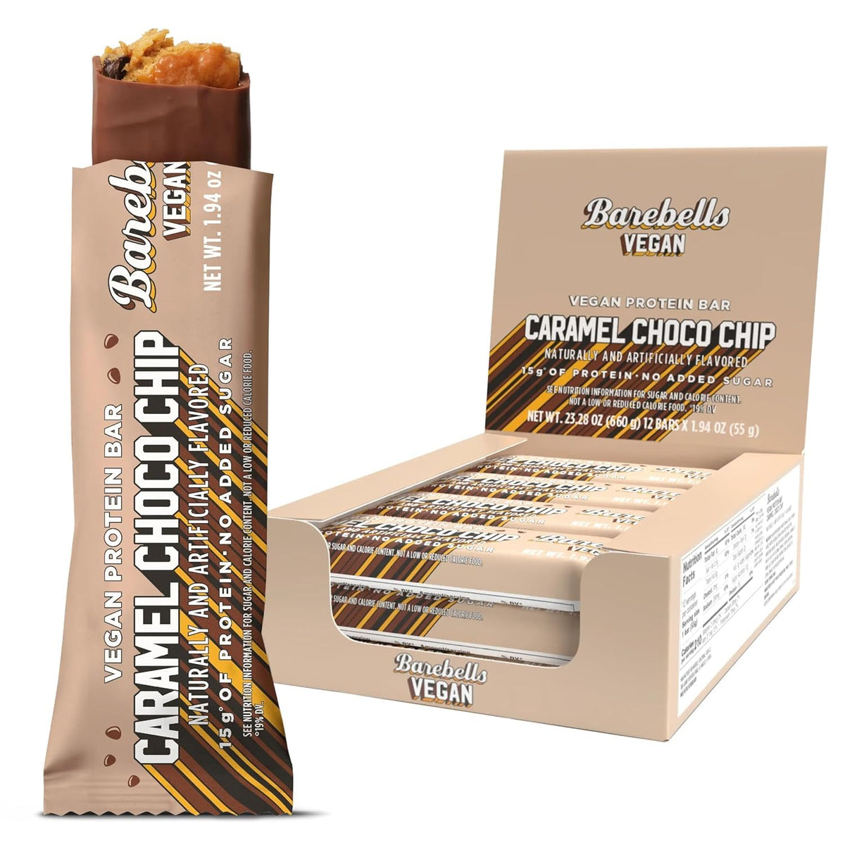 Barebells Caramel Choco Chip bar view highlights caramel center for on-the-go energy