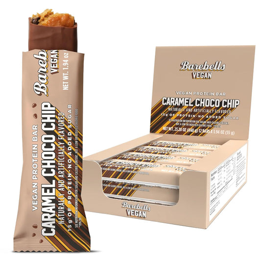 Barebells Caramel Choco Chip bar view highlights caramel center for on-the-go energy