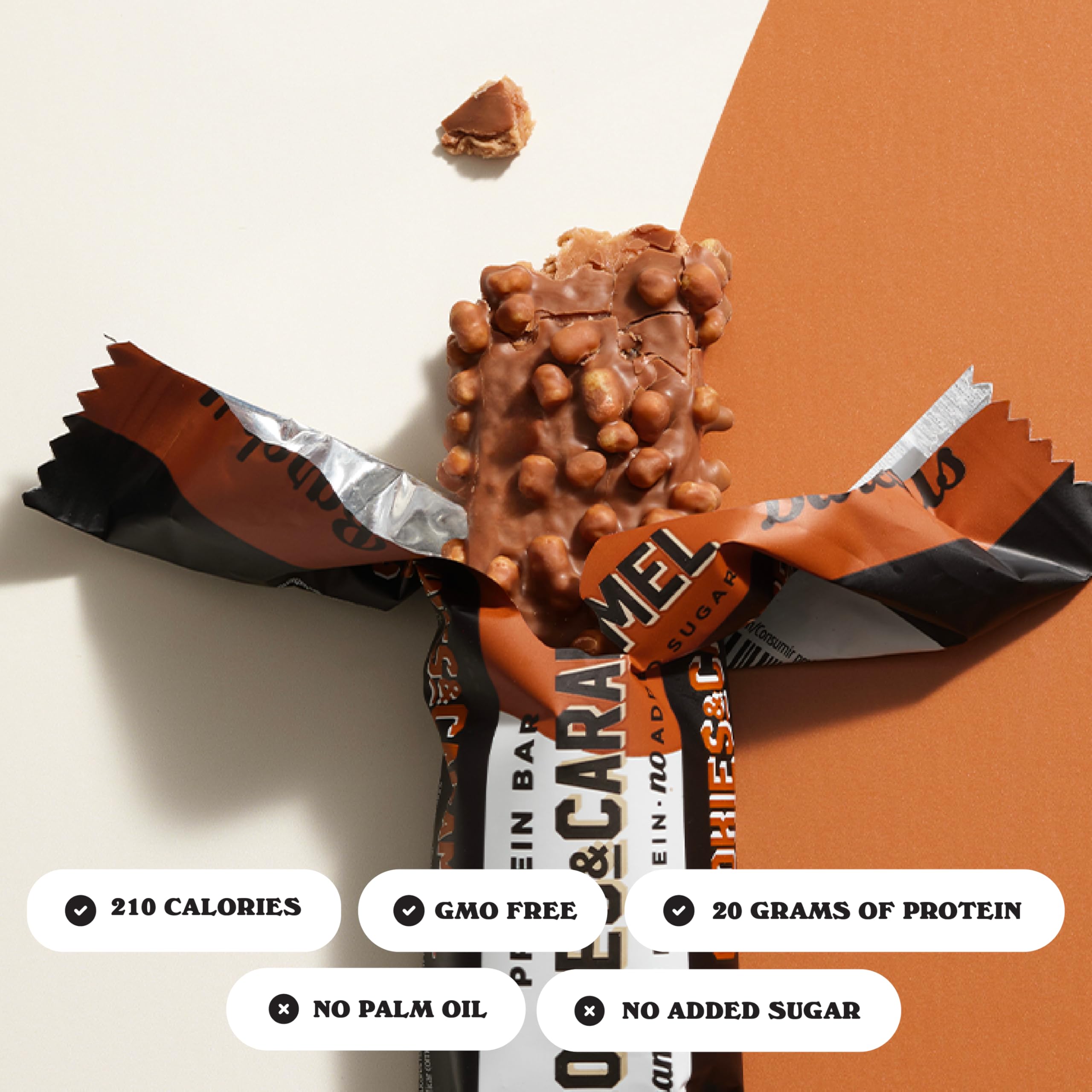 Crunch toppers on Barebells bar add texture and flavor.