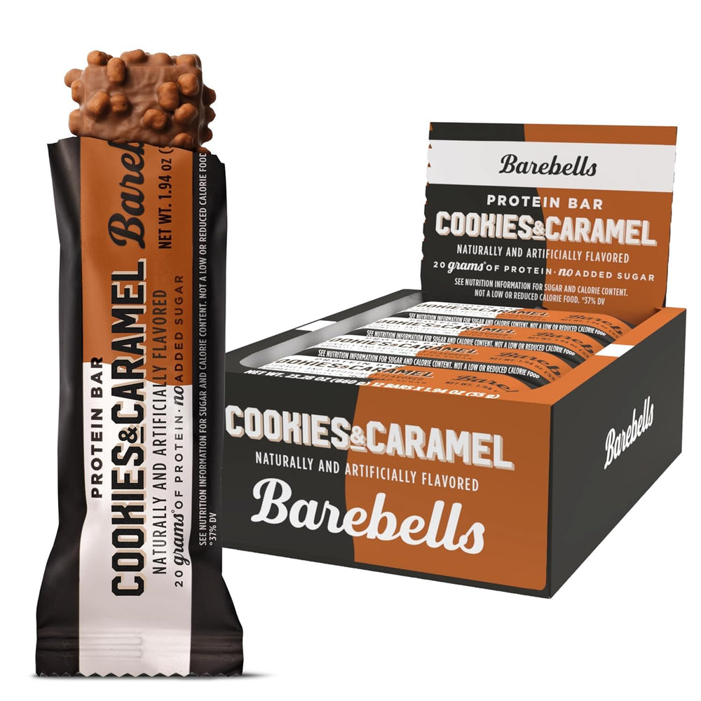 Barebells Cookies and Caramel bar with milk chocolate cover, ideal post-workout snack.