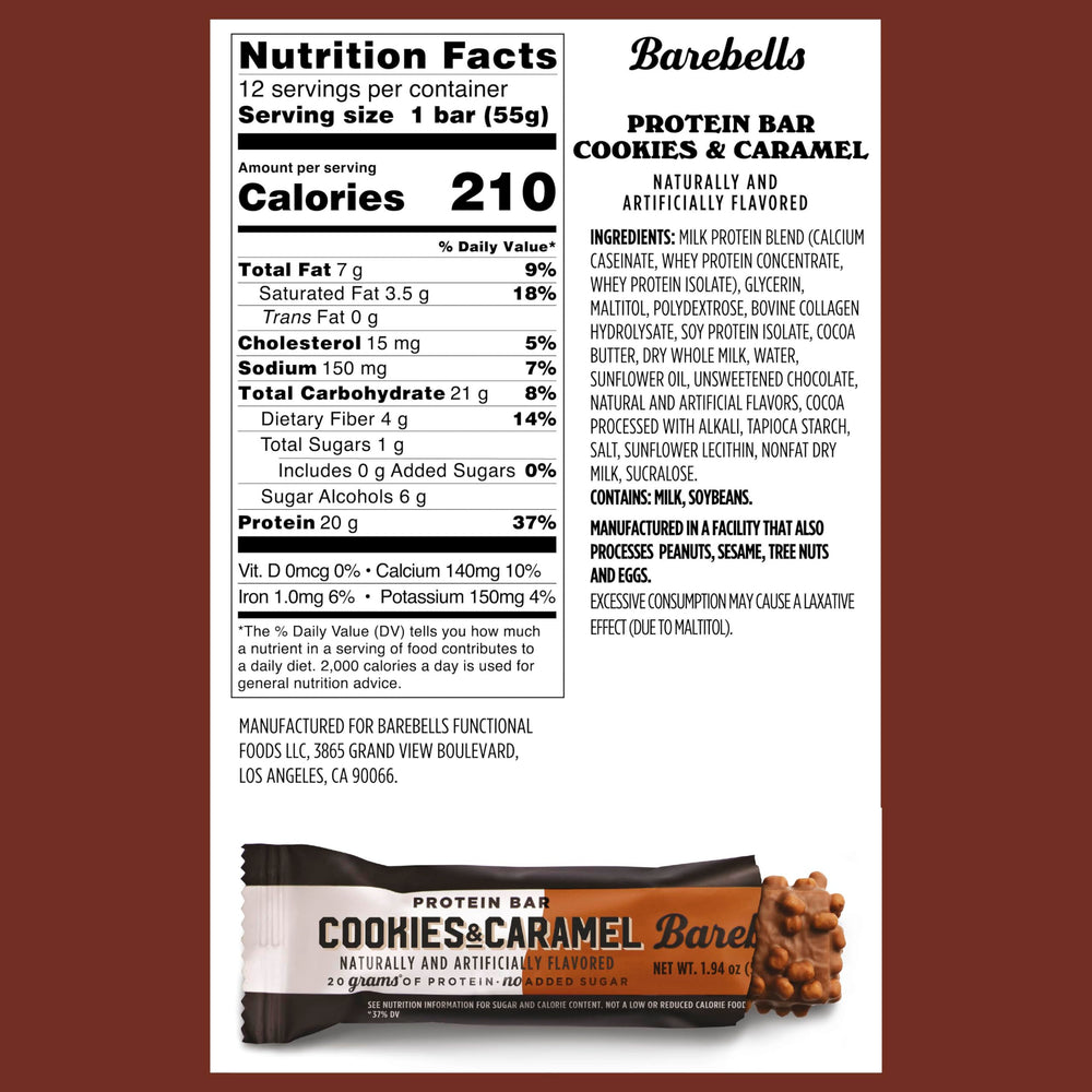 Barebells Cookies and Caramel bar wrapper, portable protein treat