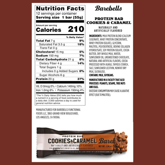 Barebells Cookies and Caramel bar wrapper, portable protein treat