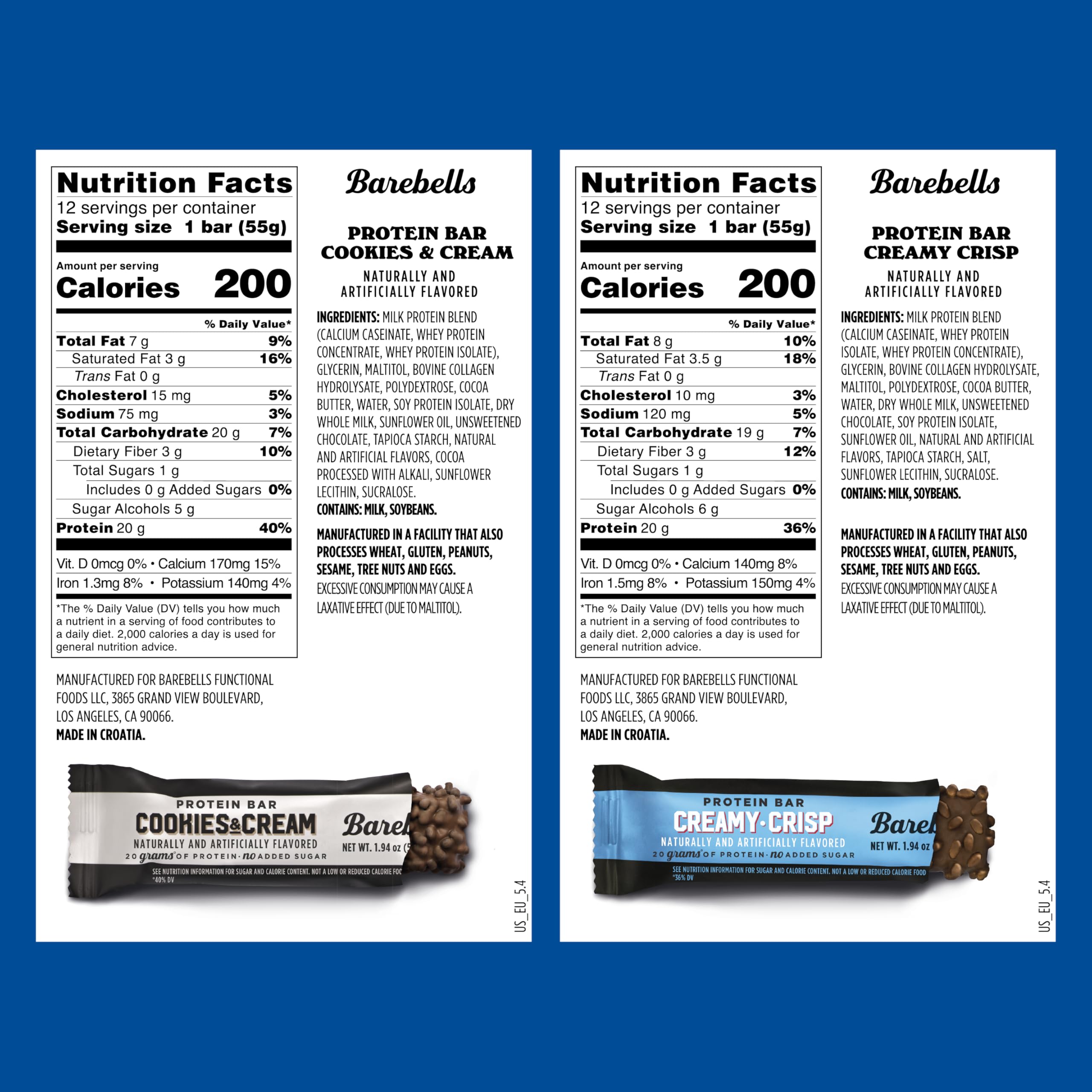 Barebells Cookies and Cream bar close-up, satisfying flavor with 20g protein per bar.