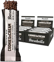 Barebells Cookies and Cream bar unwrapped, chocolate coating and high-protein snack