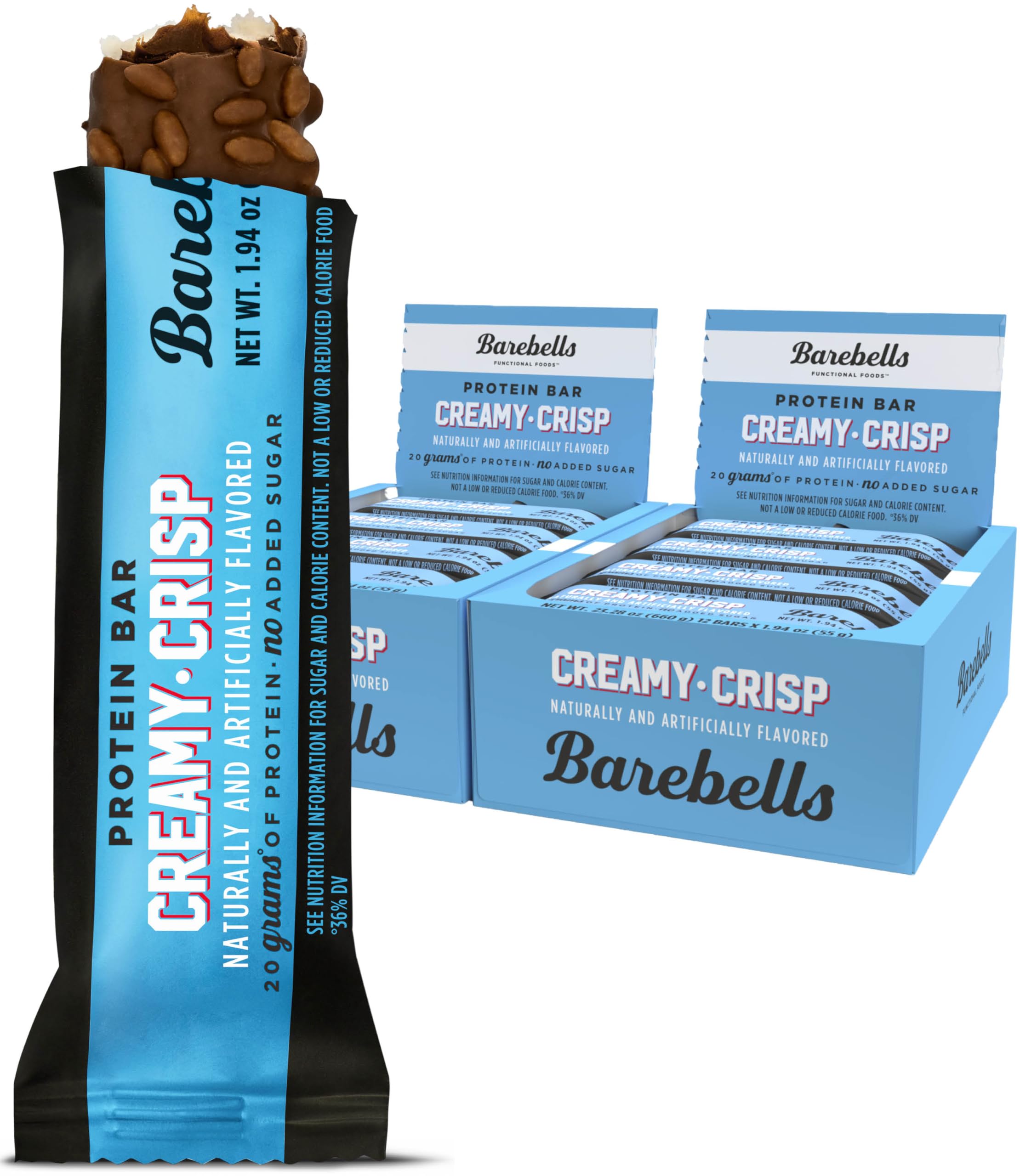 Barebells Creamy Crisp bar boxed for two-pack, convenient snack on the go