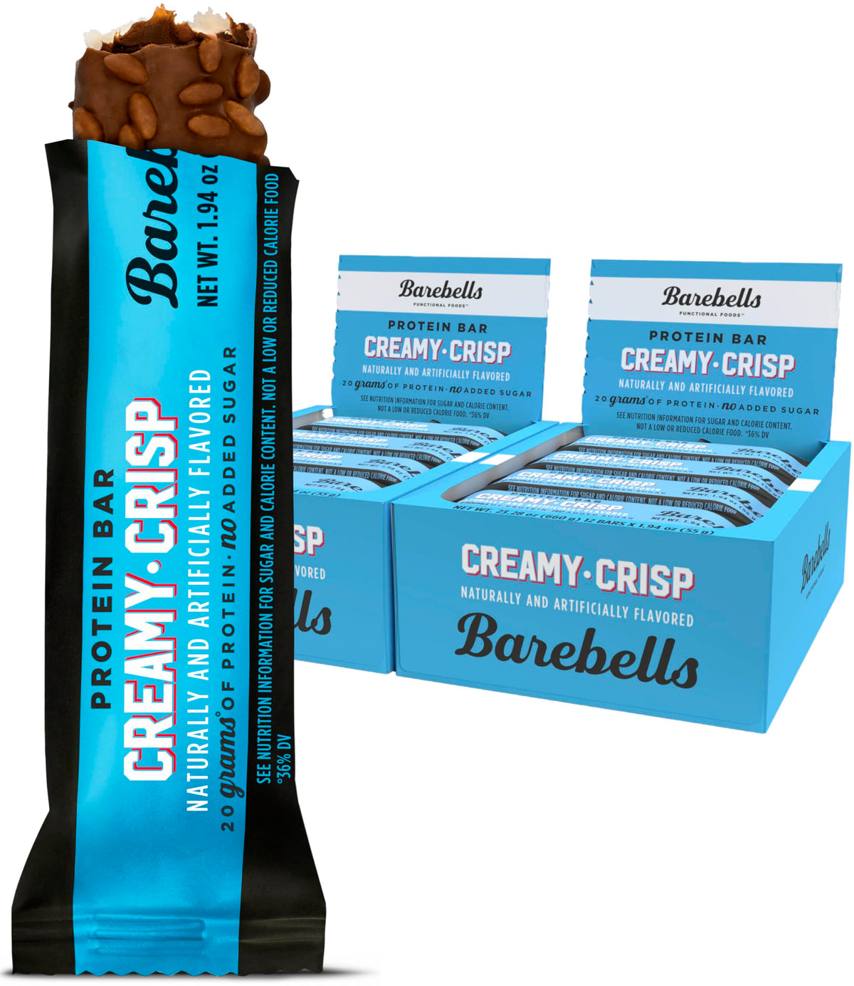 Barebells Creamy Crisp bar boxed for two-pack, convenient snack on the go