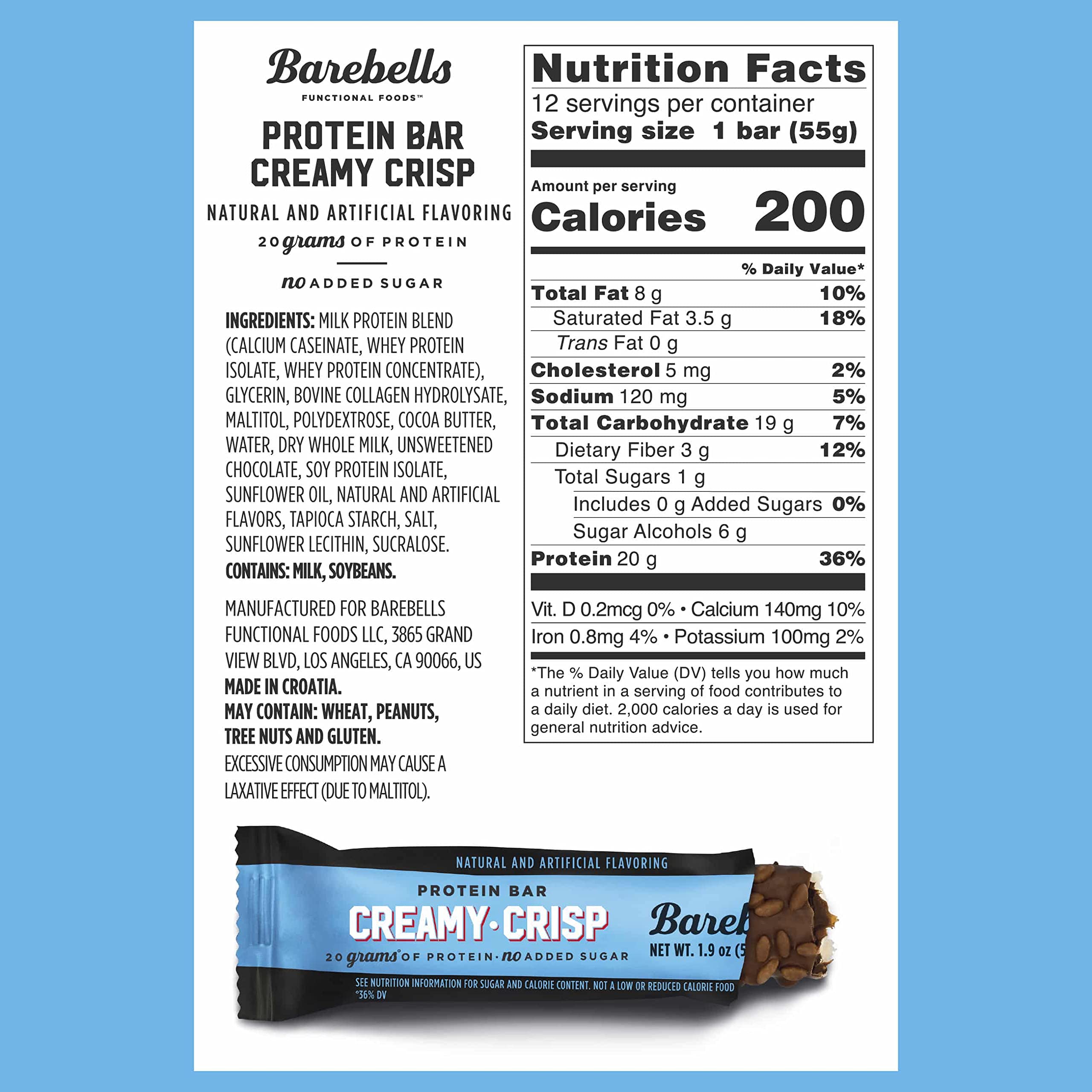 Barebells Creamy Crisp bar unwrapped, caramel center and chocolate coating visible