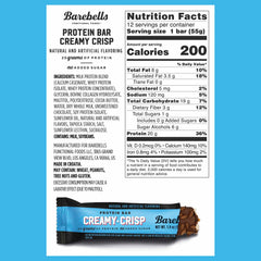 Barebells Creamy Crisp bar unwrapped, caramel center and chocolate coating visible