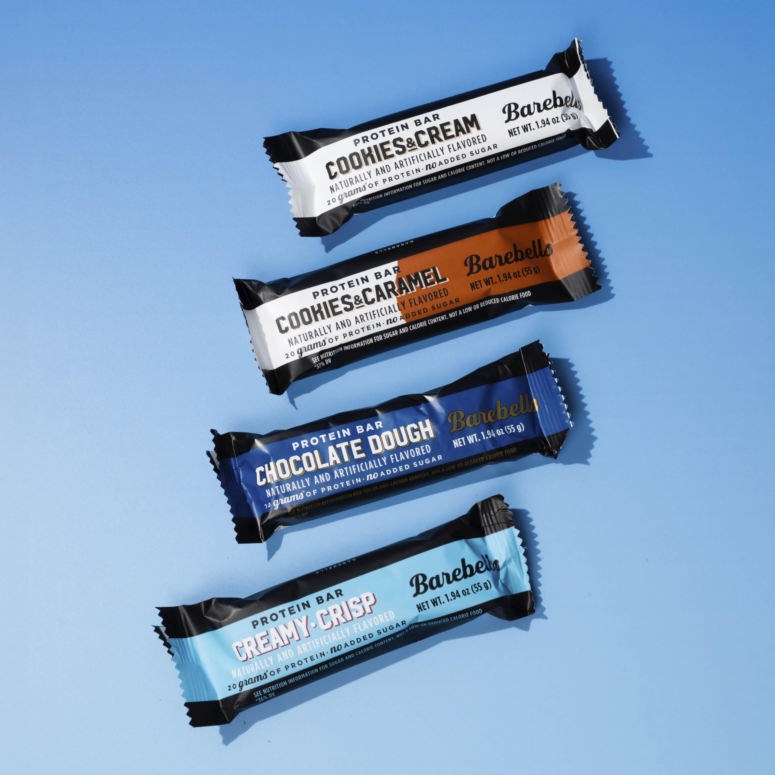 Barebells Creamy Crisp bar close-up, satisfying snack with 20 g protein.