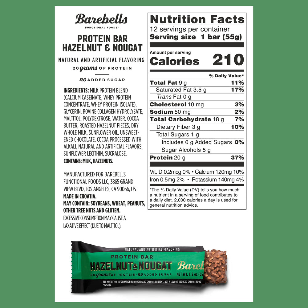 Barebells Hazelnut & Nougat bar close-up texture shows creamy nougat.