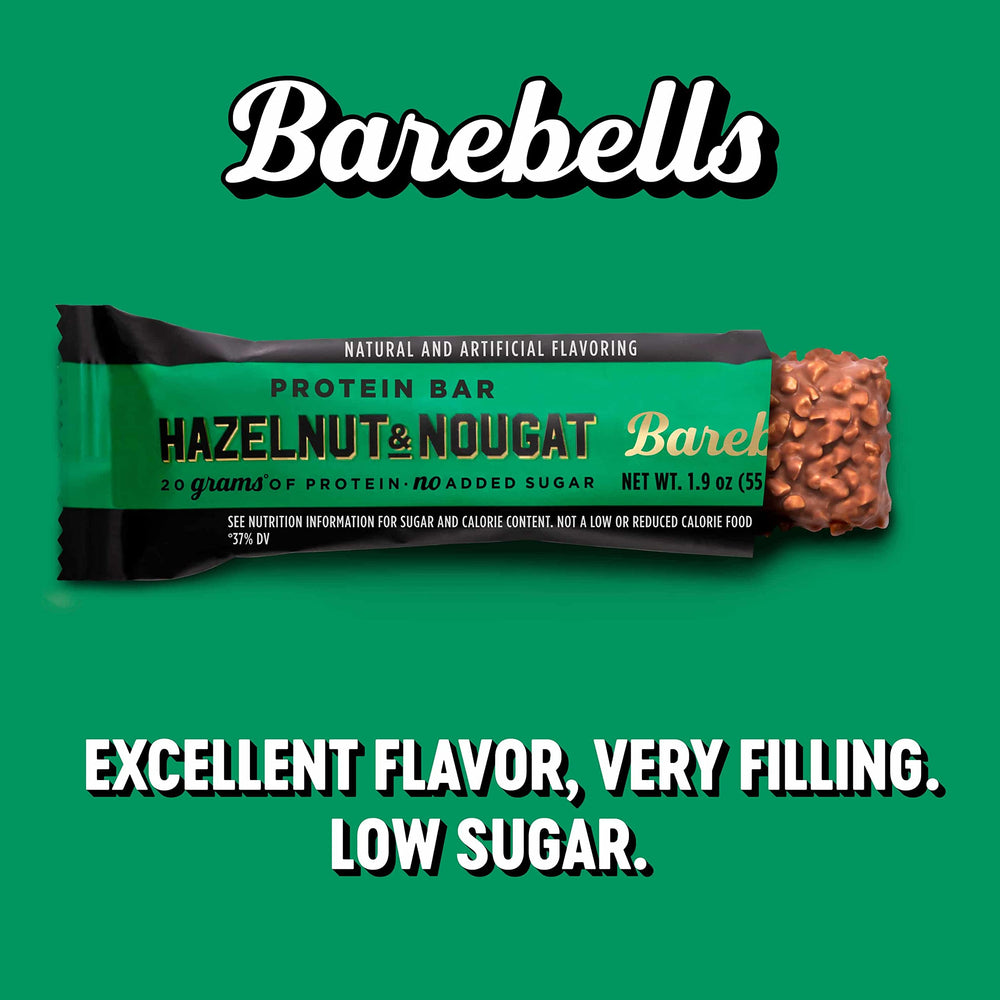 Barebells Hazelnut & Nougat bar nutrition panel detail shows protein per bar.