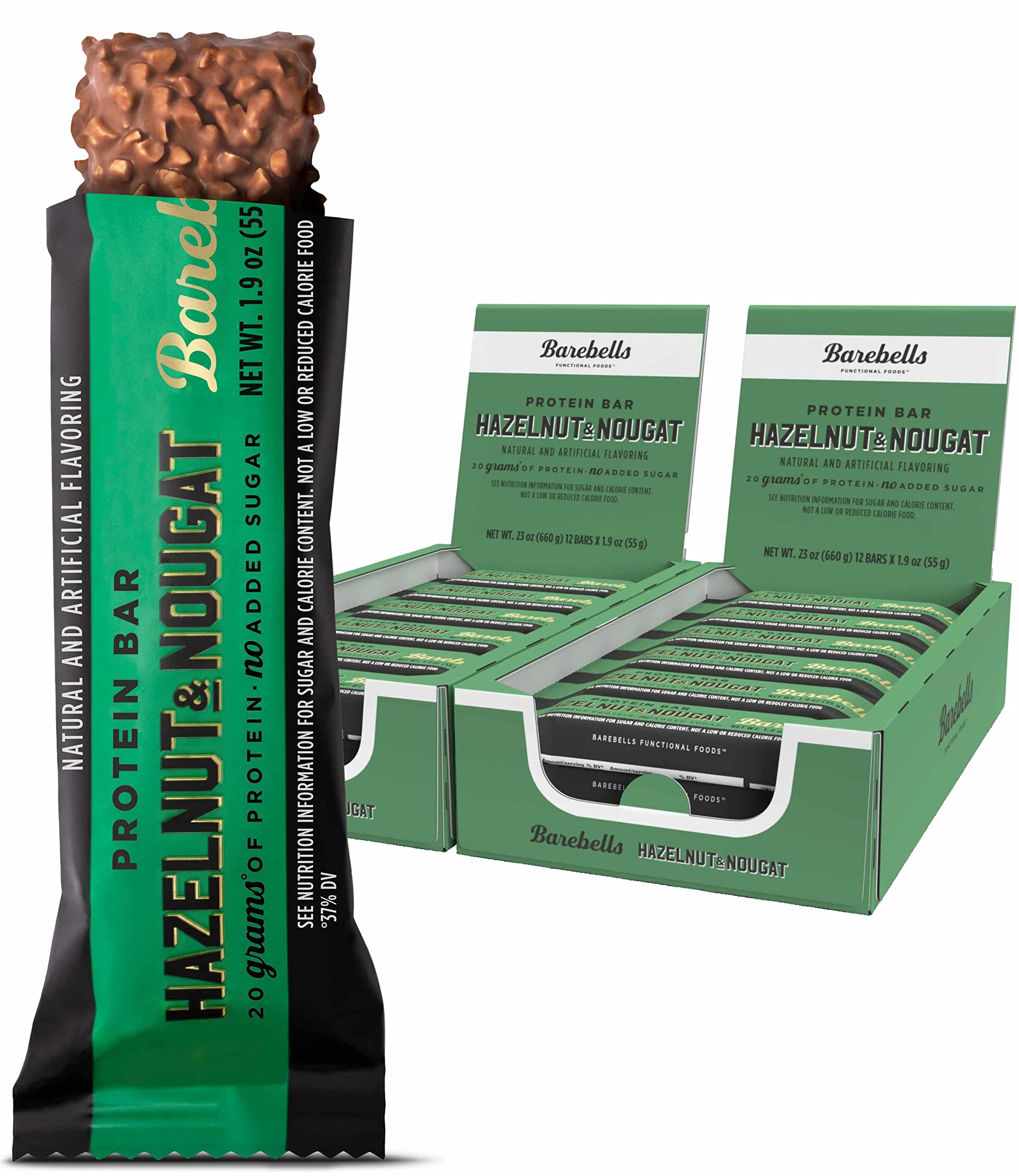 Barebells Hazelnut & Nougat bar side view for grab-and-go protein.