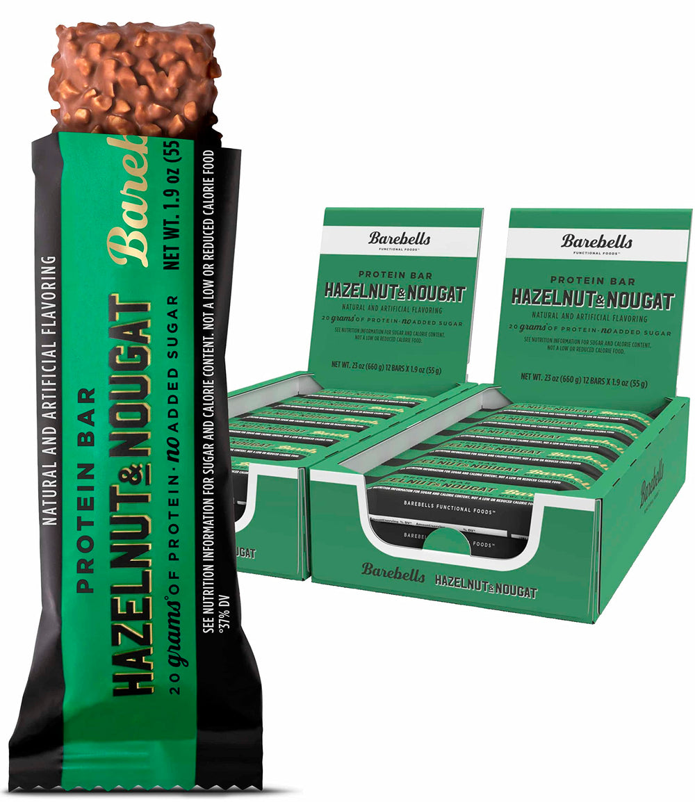 Barebells Hazelnut & Nougat bar side view for grab-and-go protein.
