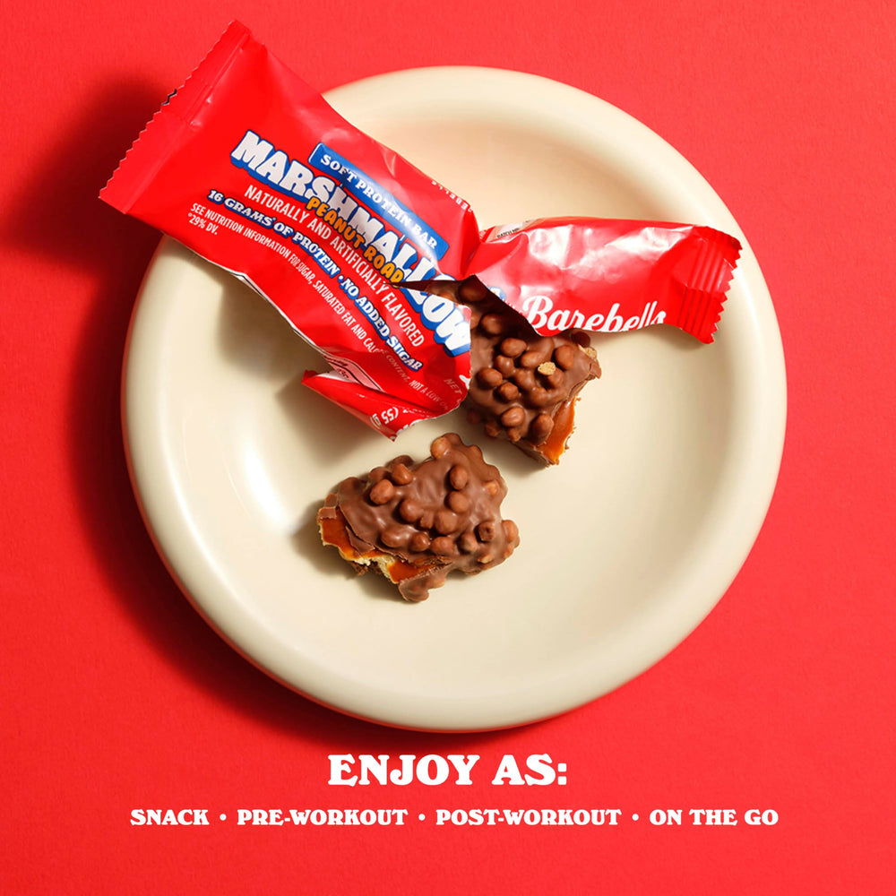 Barebells Soft Protein Bar Marshmallow Peanut Road two pack display for travel