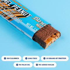 Barebells vegan protein bar peanut caramel break-open reveals filling and bite.