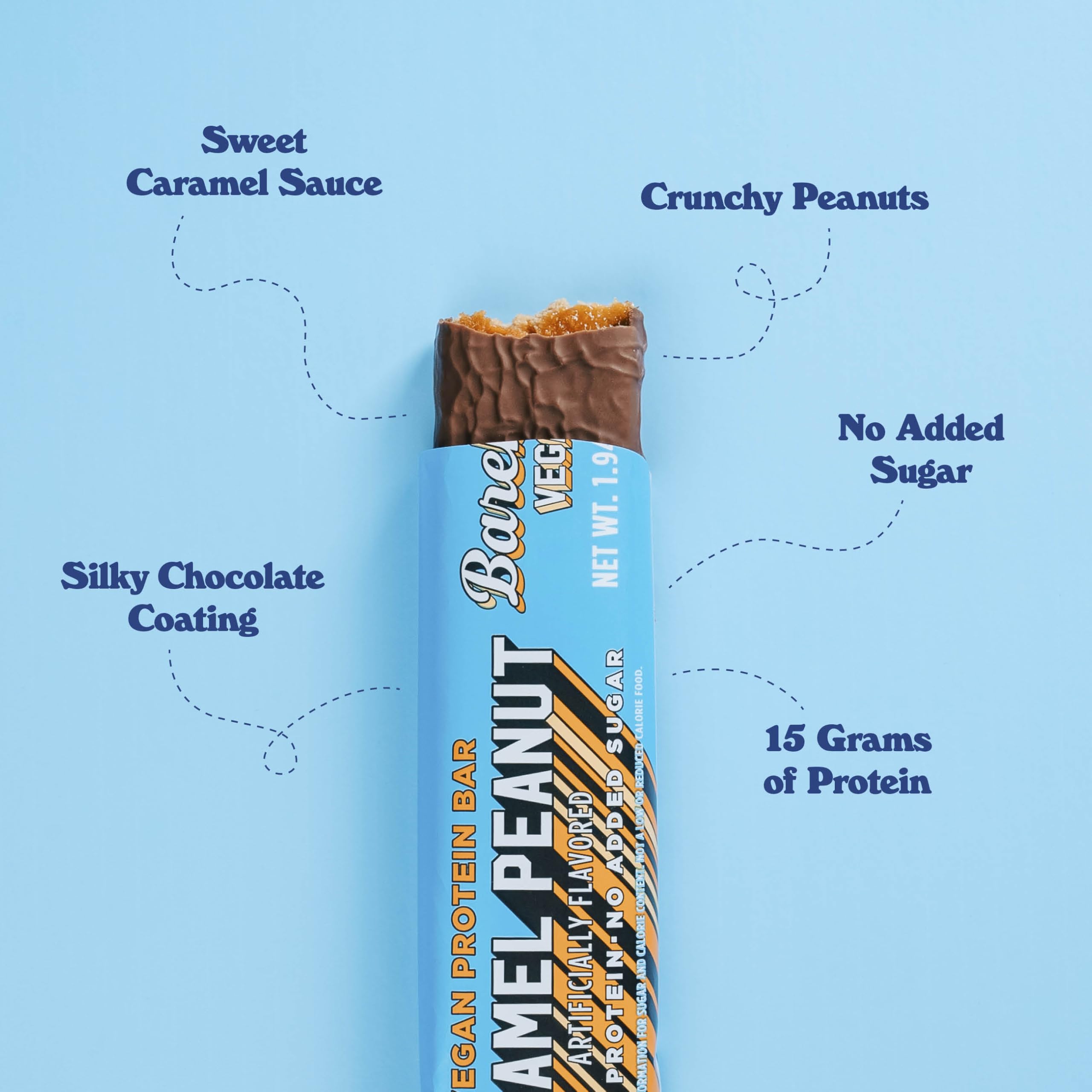 Barebells vegan bar peanut caramel ingredients close-up highlighting soy-pea-rice protein blend.