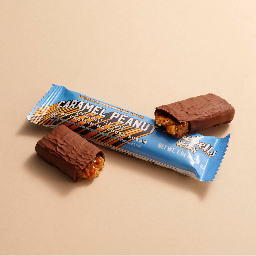 Barebells vegan protein bar peanut caramel nutty crunch texture.