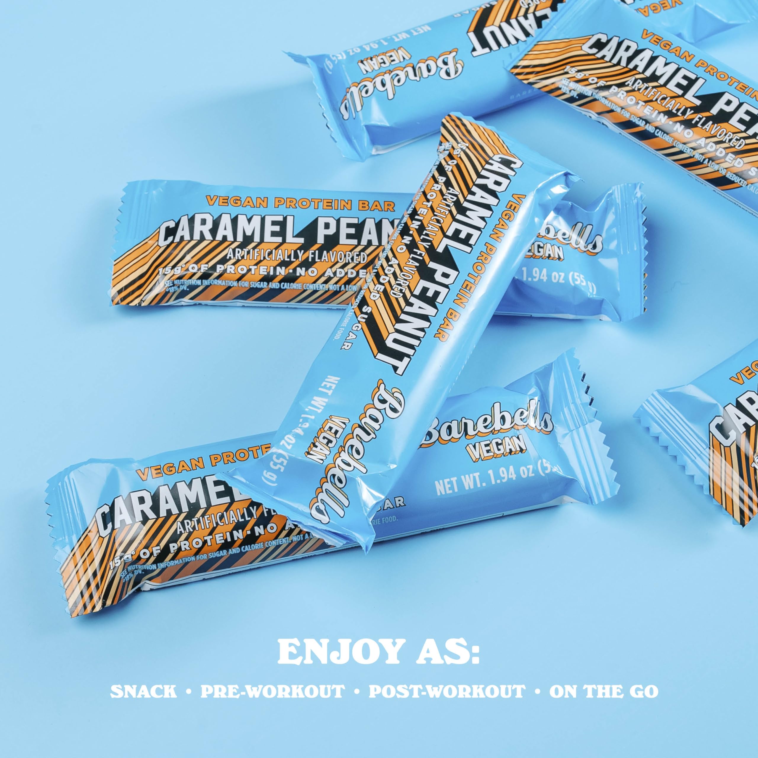 Barebells vegan protein bar peanut caramel on-the-go desk snack.