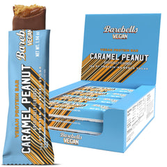 Barebells vegan protein bar peanut caramel pack front, convenient on-the-go snack.