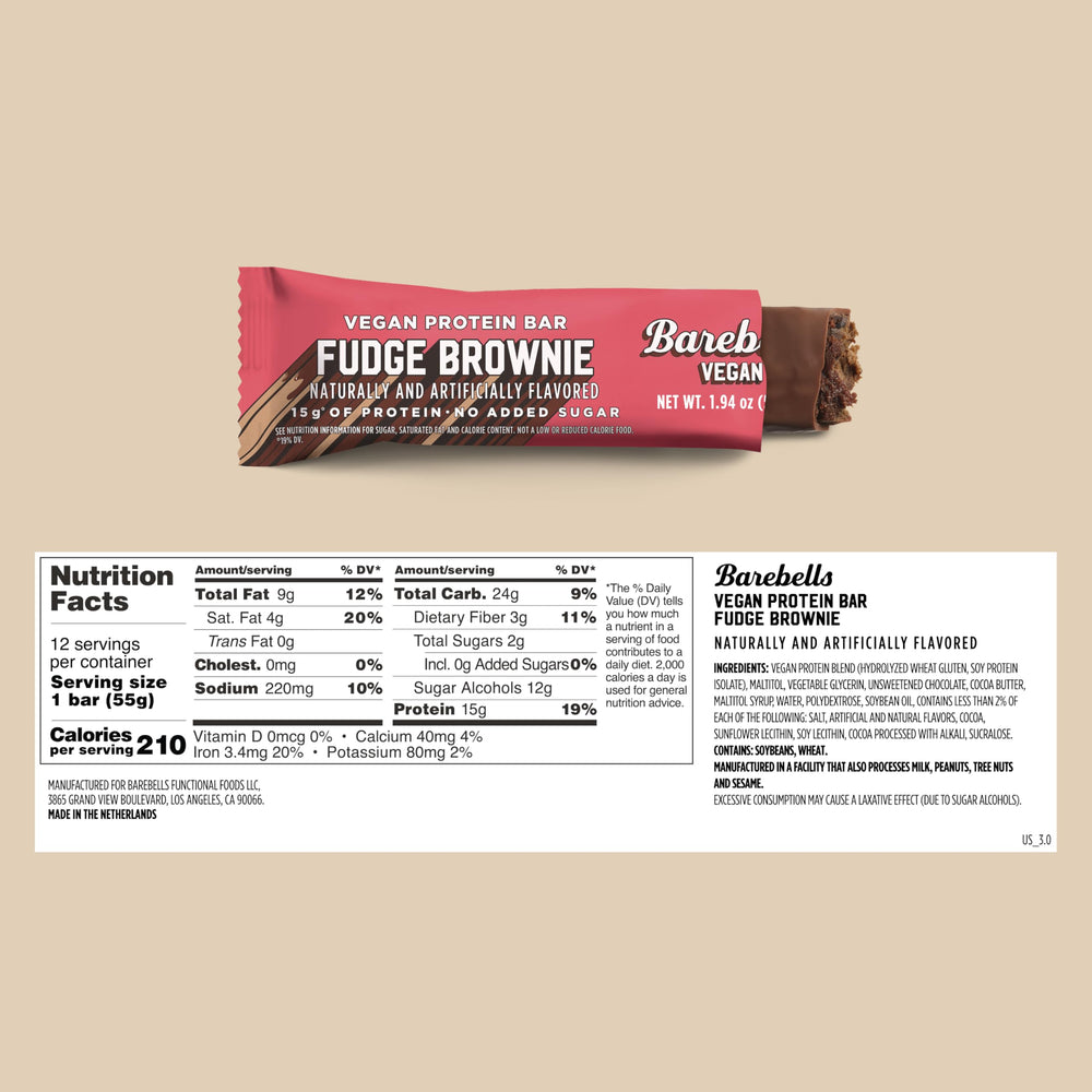 Barebells fudge brownie bars wrapped, ready-to-eat plant-based protein for energy between meals