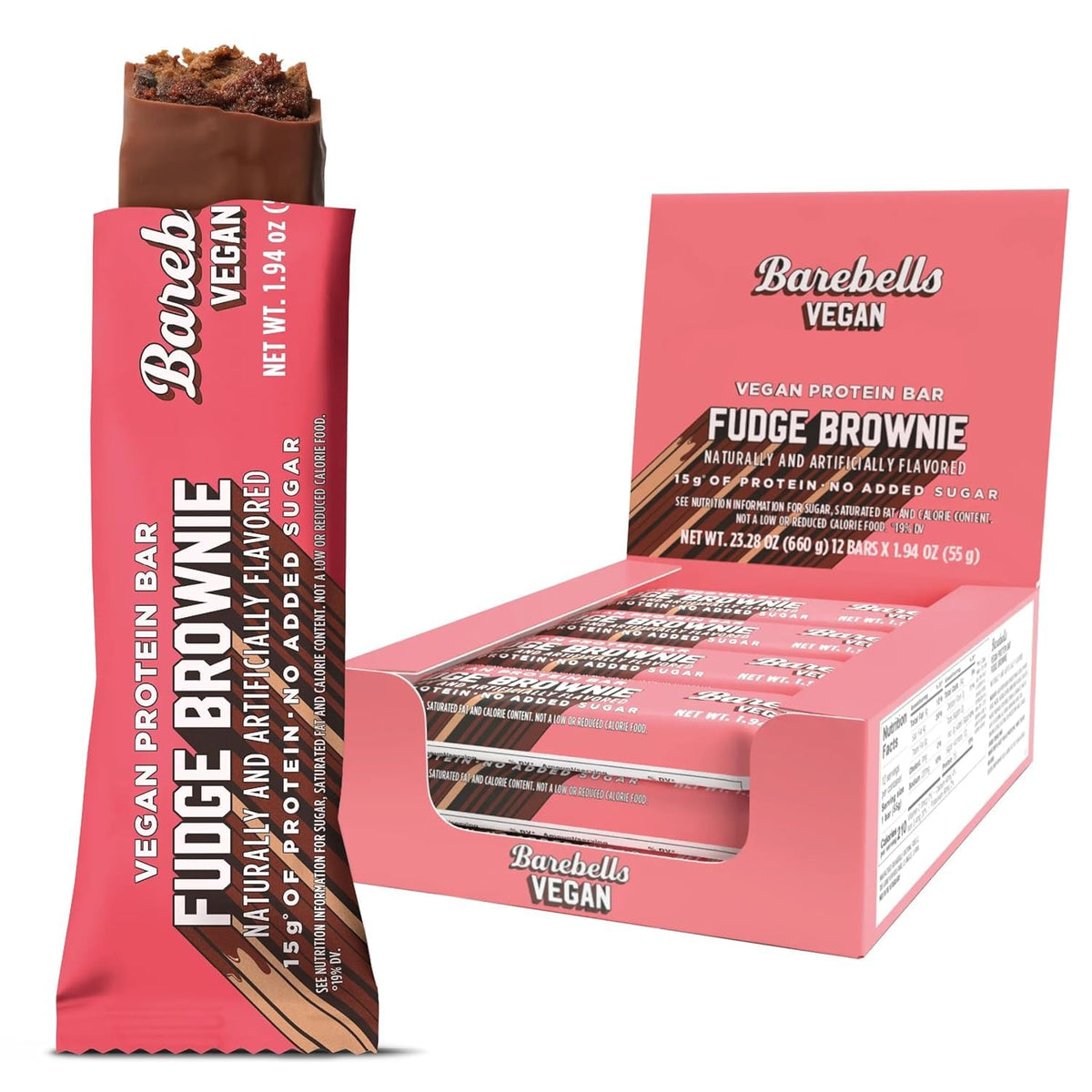 Barebells vegan protein bars fudge brownie box shot, convenient on-the-go snack with 15g protein