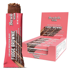 Barebells vegan protein bars fudge brownie box shot, convenient on-the-go snack with 15g protein