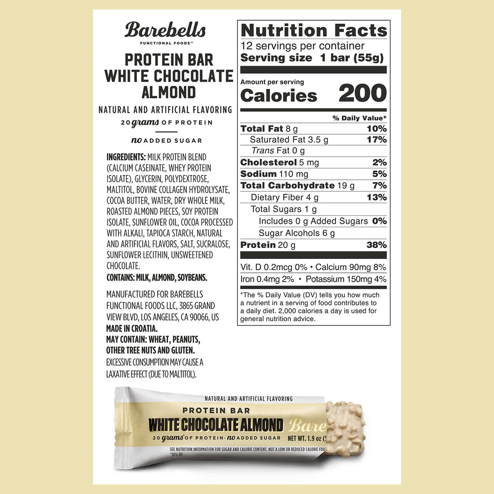 Barebells White Chocolate Almond bar unwrapped revealing creamy white chocolate almond center