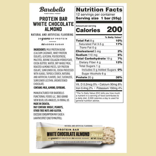 Barebells White Chocolate Almond bar unwrapped revealing creamy white chocolate almond center