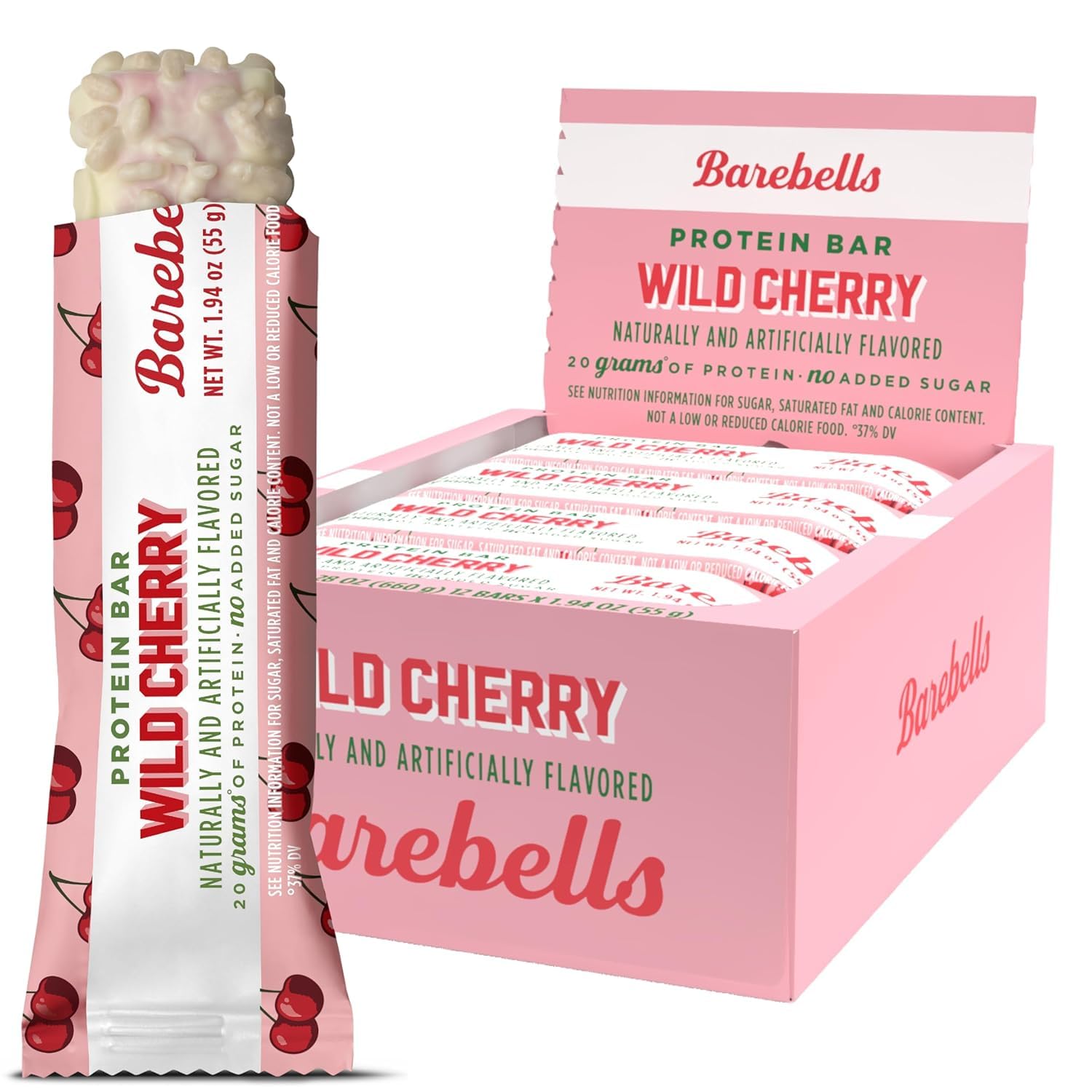 Barebells Wild Cherry pack of 12 bars for convenient on-the-go snacking.