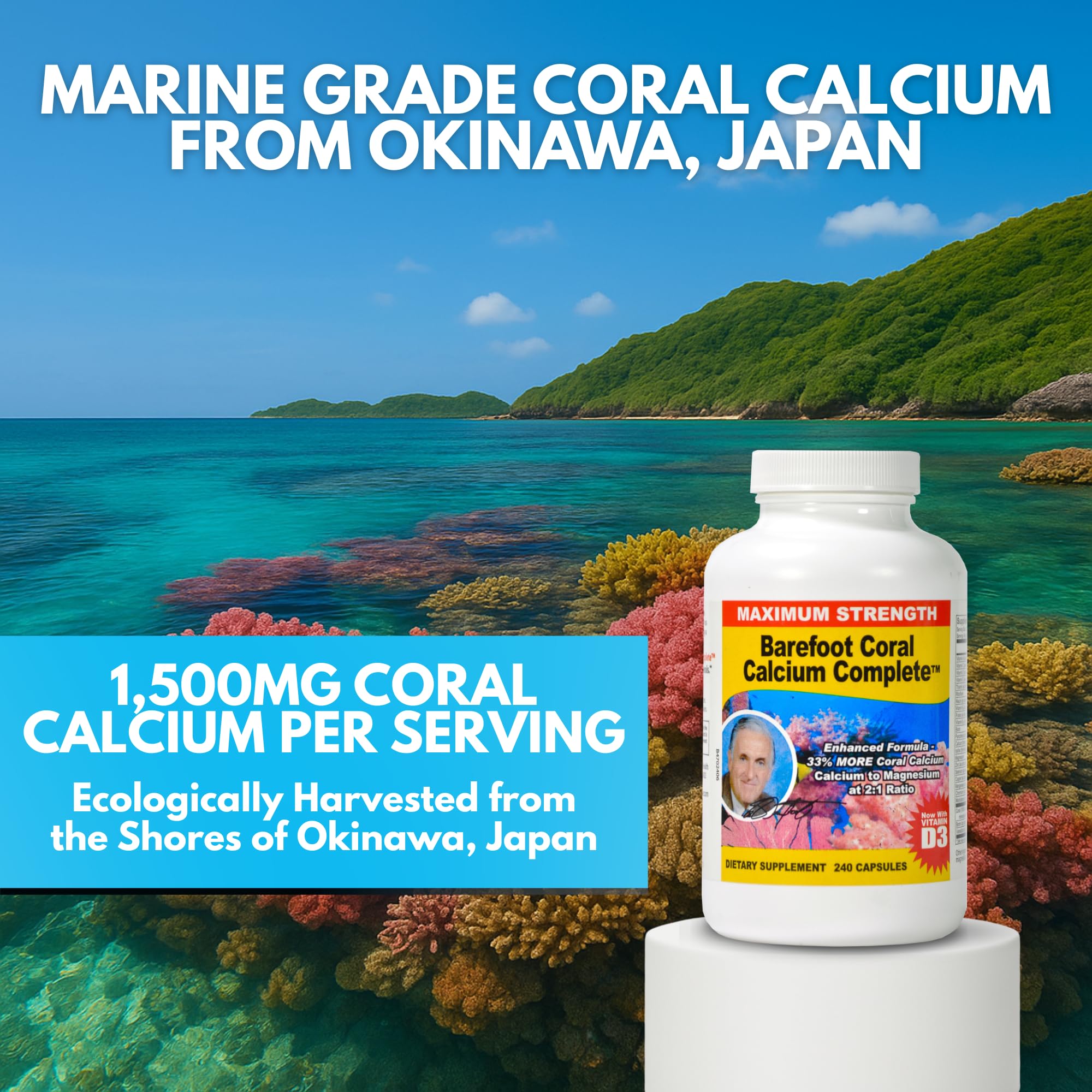 Barefoot Coral Calcium Complete capsules closeup emphasizes a 240-count daily option.