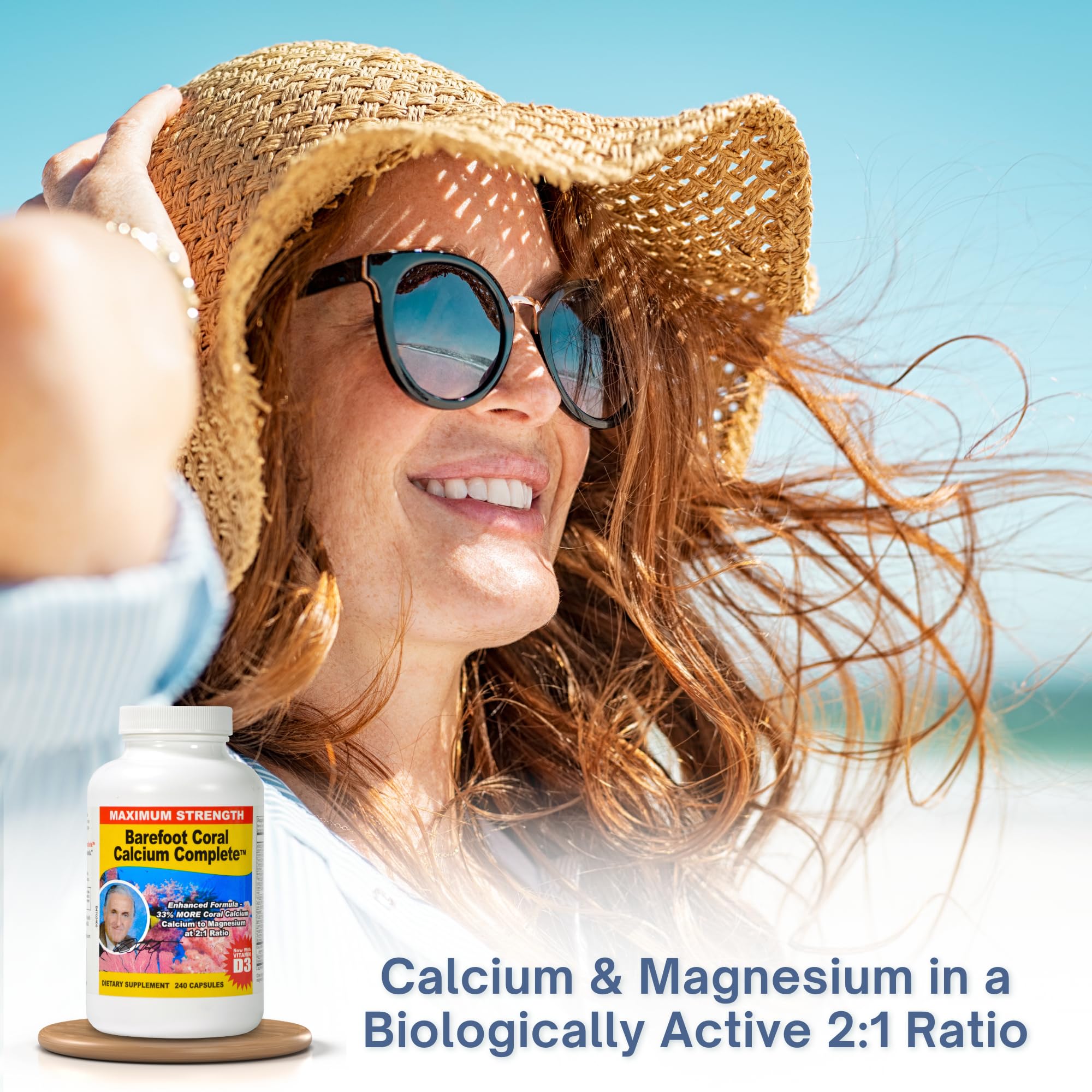 Barefoot Coral Calcium Complete ingredients icons illustrate the 2:1 calcium to magnesium ratio.