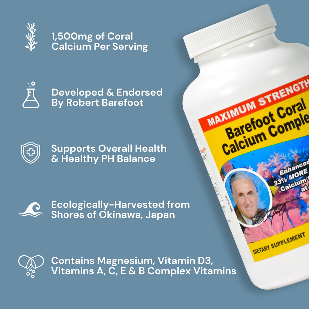 Barefoot Coral Calcium Complete origin image emphasizes reef-safe harvesting from Okinawa shores.