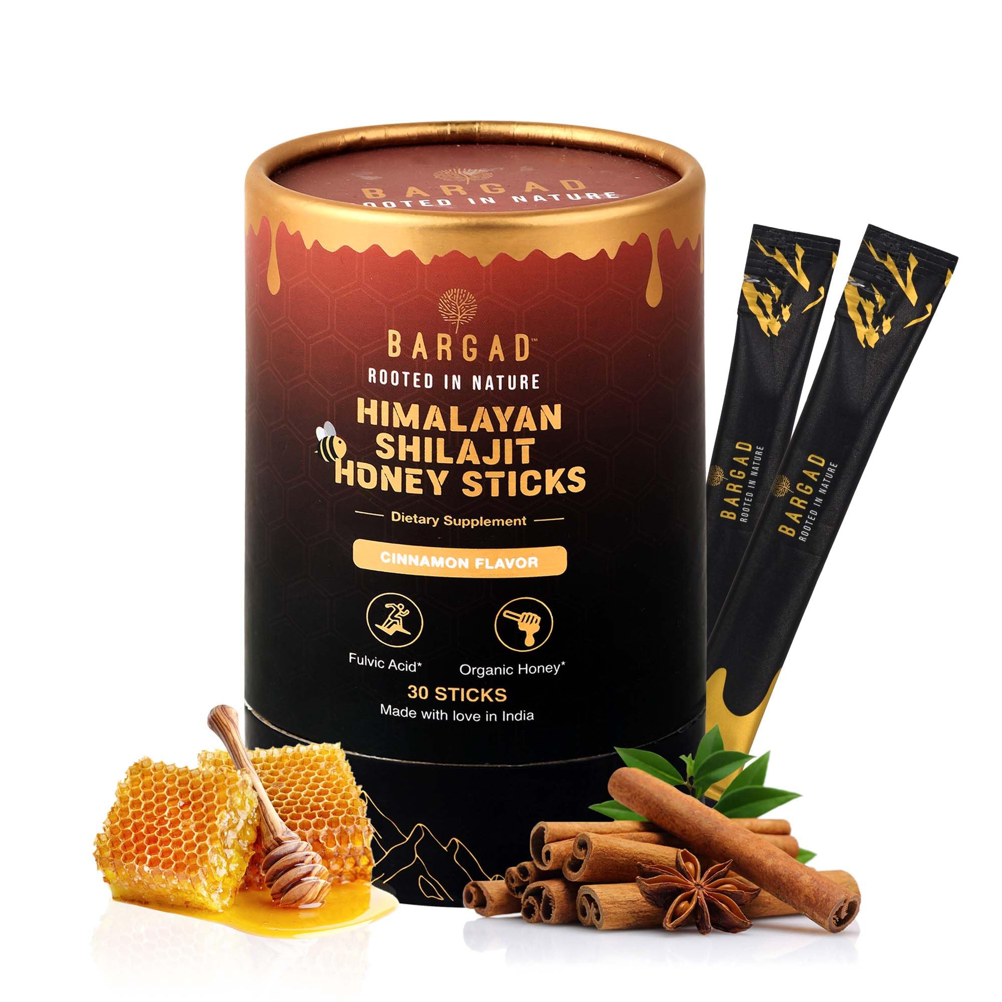Bargad Himalayan Shilajit Sticks pack-front highlighting premium ingredients for on-the-go energy