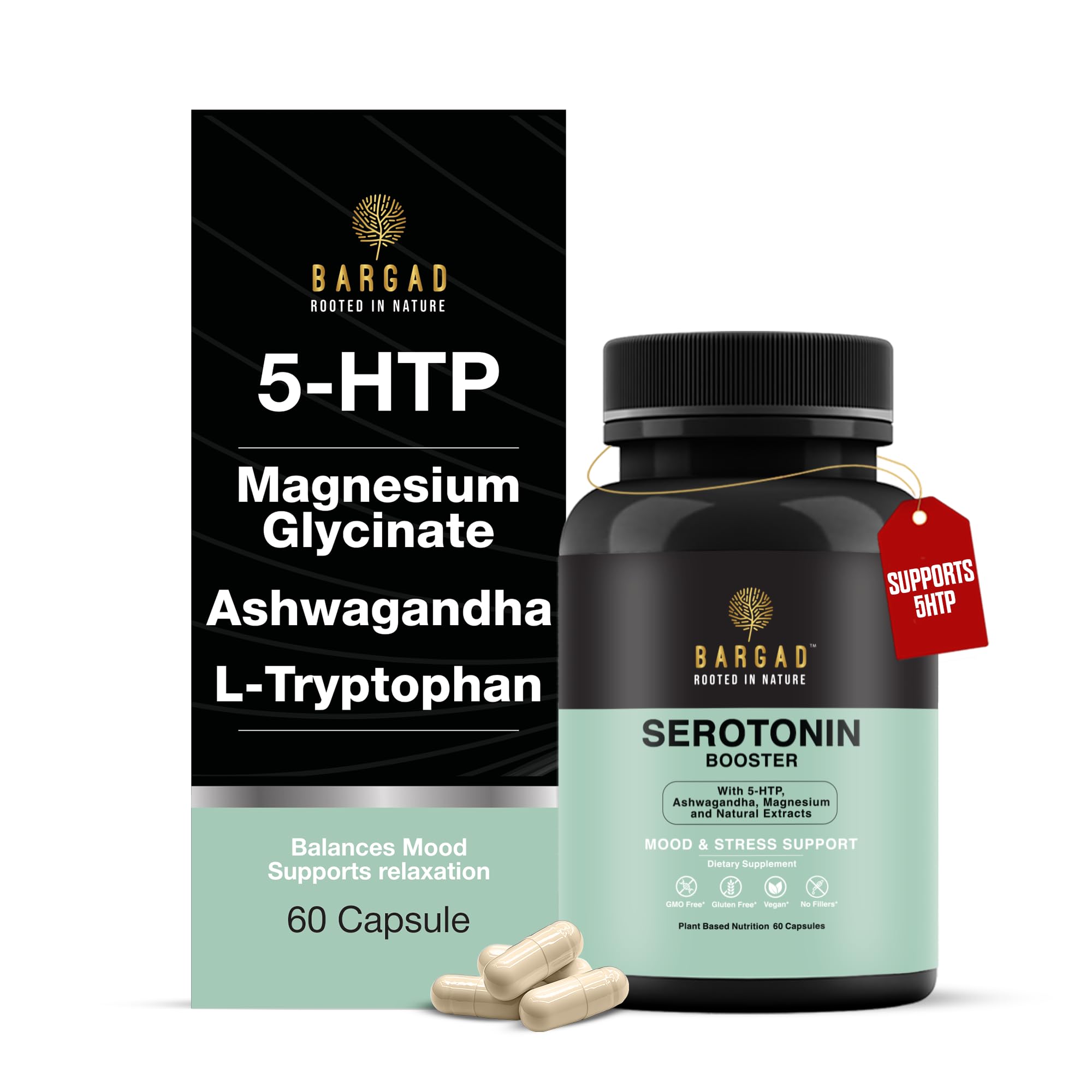 Bargad Serotonin Support bottle front with vegan capsules for daily mood balance