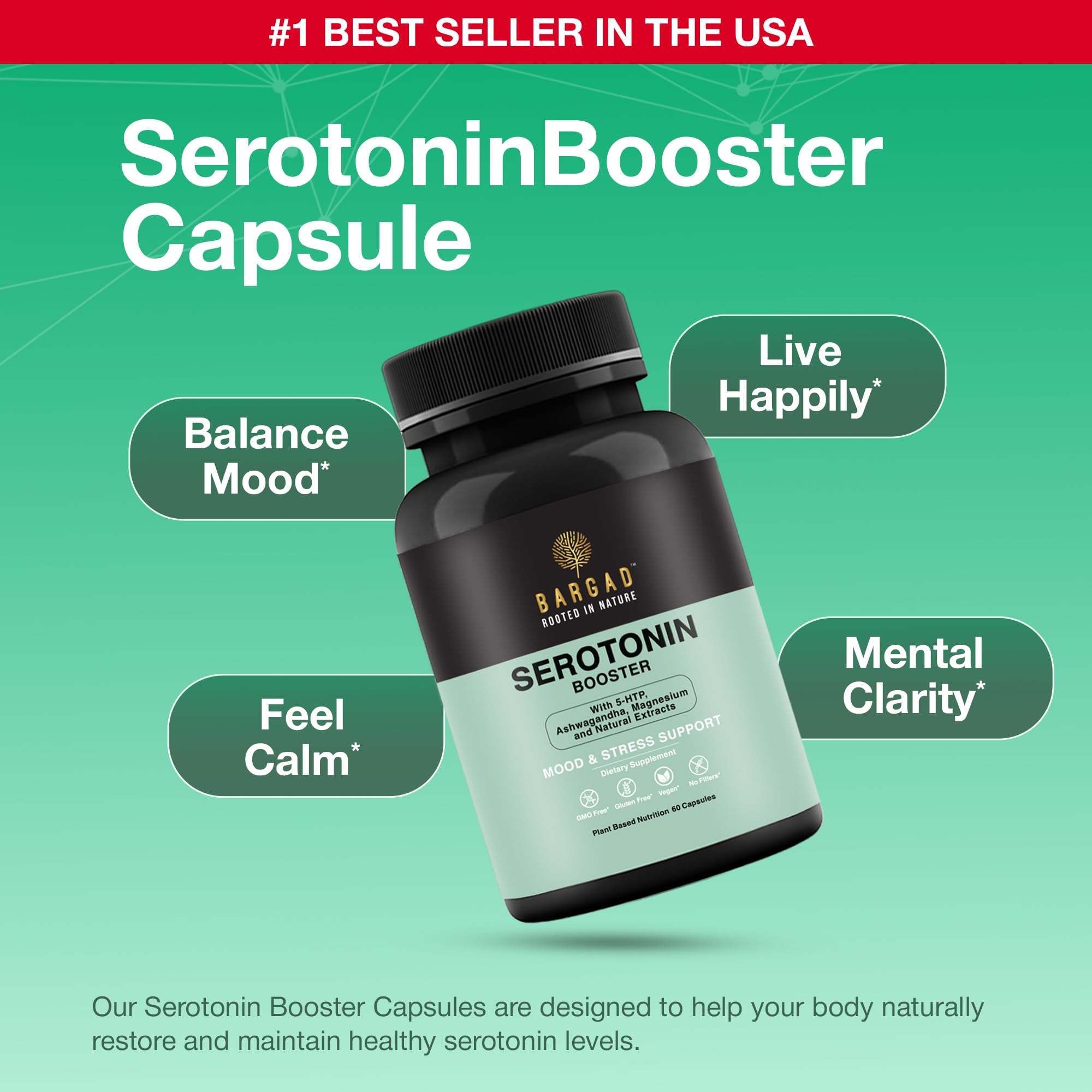 Closeup of Bargad Serotonin Support capsules, showcasing vegan formula and mood support
