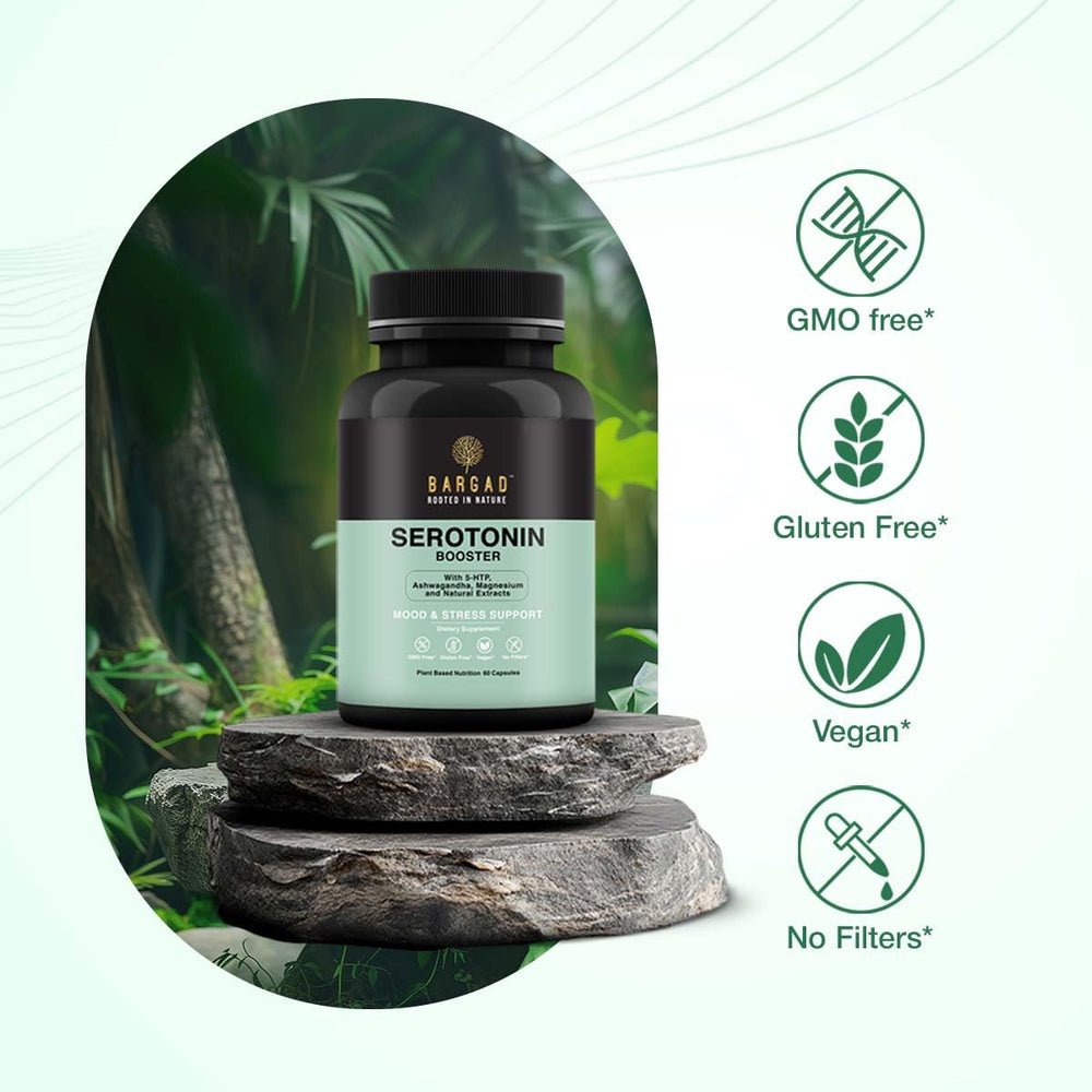 Herbal blend visual: Bargad Serotonin Support capsule with natural herbs