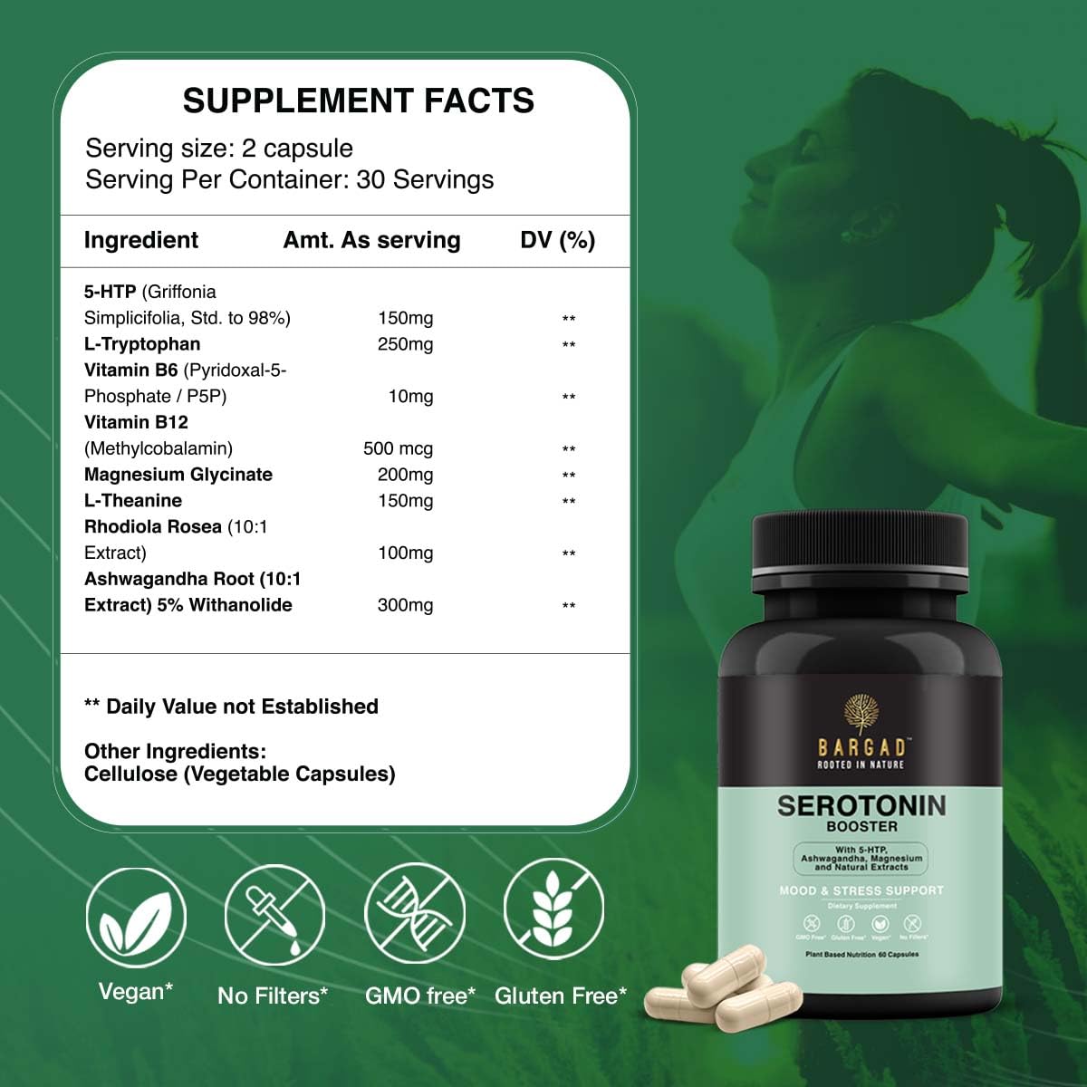 Ingredients highlight: 5-HTP, L-Tryptophan, B6, Magnesium in Bargad capsules