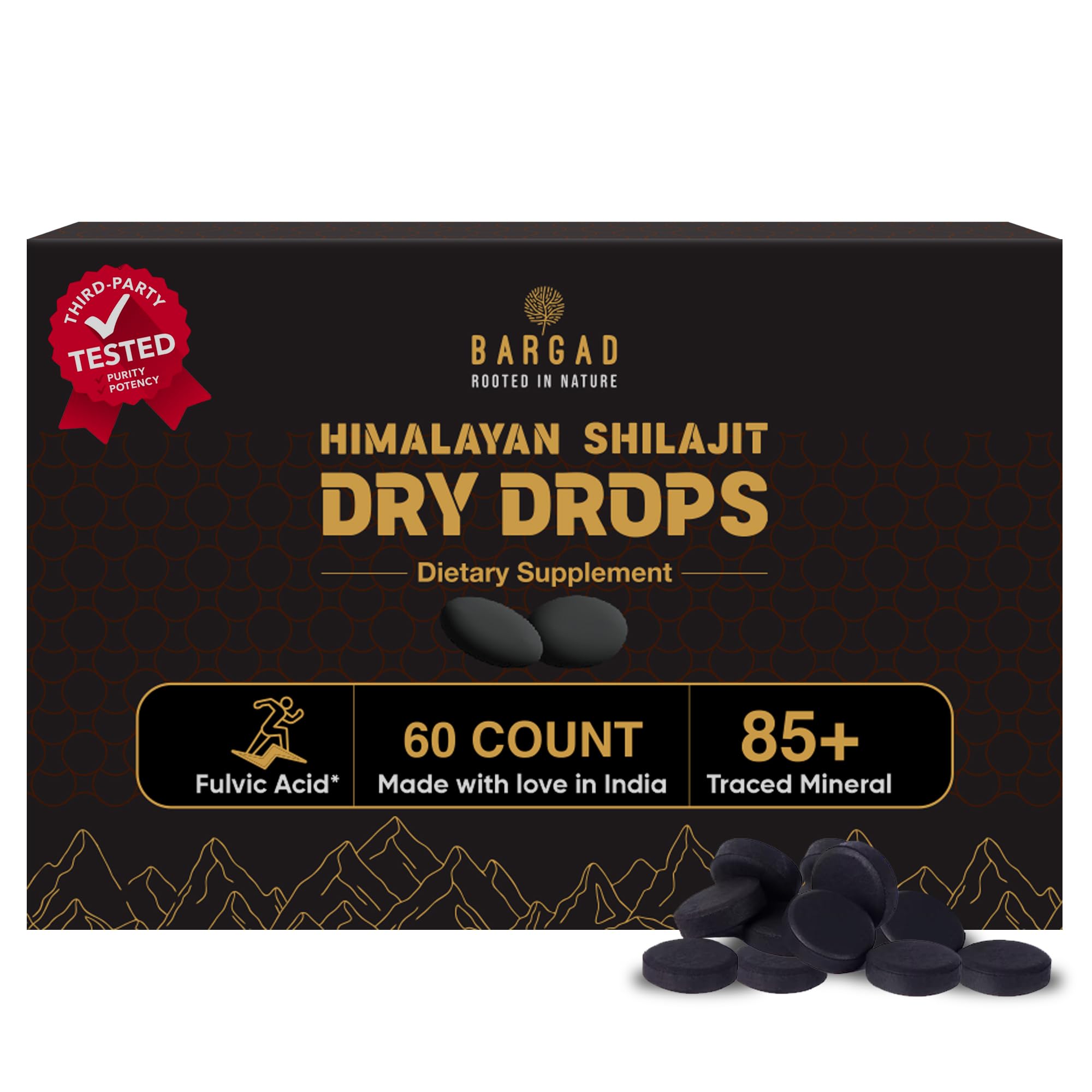 Bargad Shilajit Dry Drops bottle front showing compact packaging for on-the-go energy.