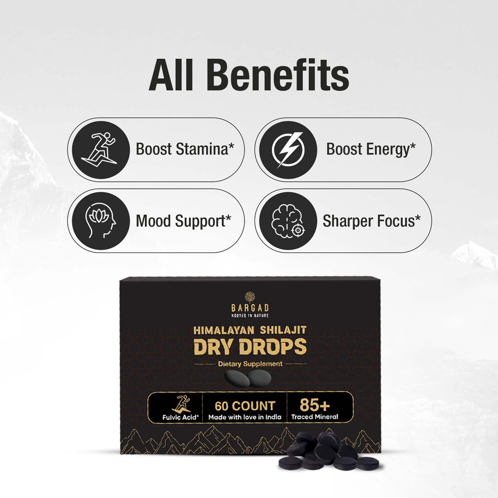 Bargad Shilajit Dry Drops beside a glass of tea, everyday ritual option.