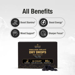 Bargad Shilajit Dry Drops beside a glass of tea, everyday ritual option.