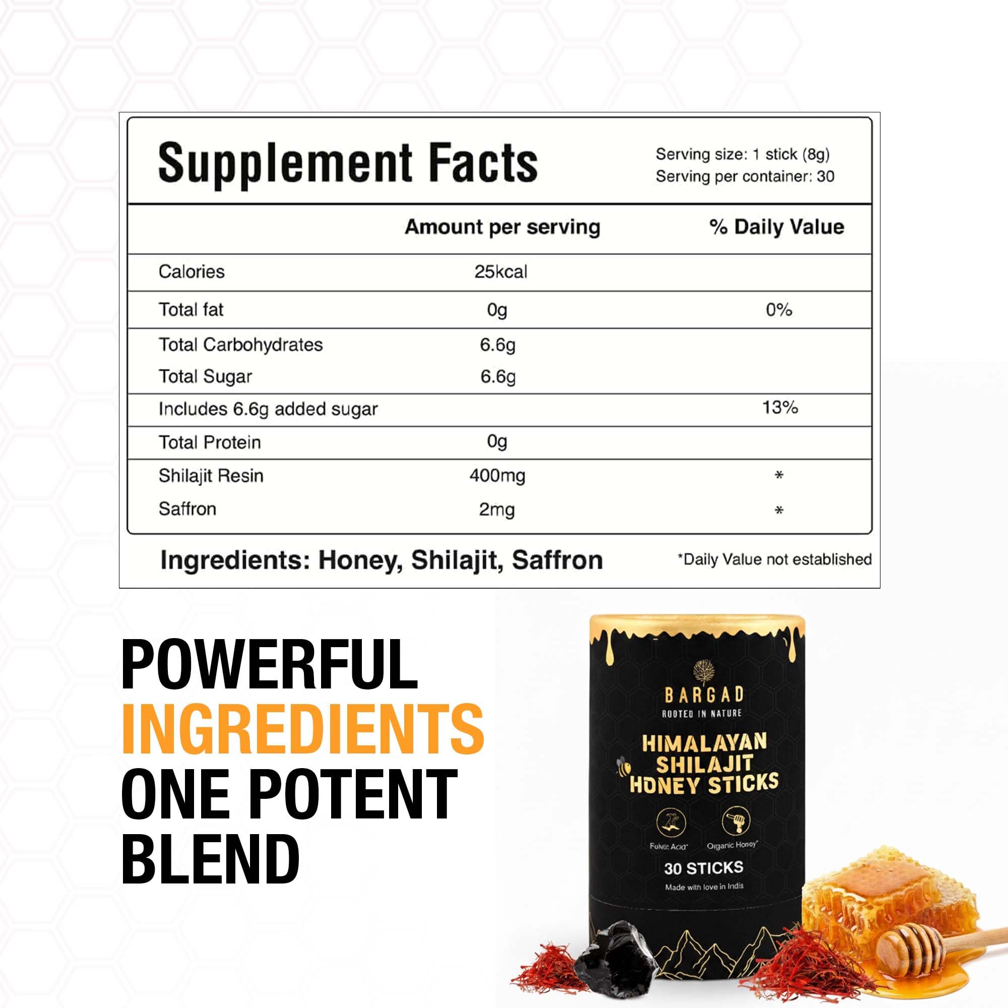 Bargad shilajit honey stick packet open display.