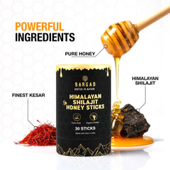 Bargad shilajit honey stick with saffron detail highlighting ingredients.