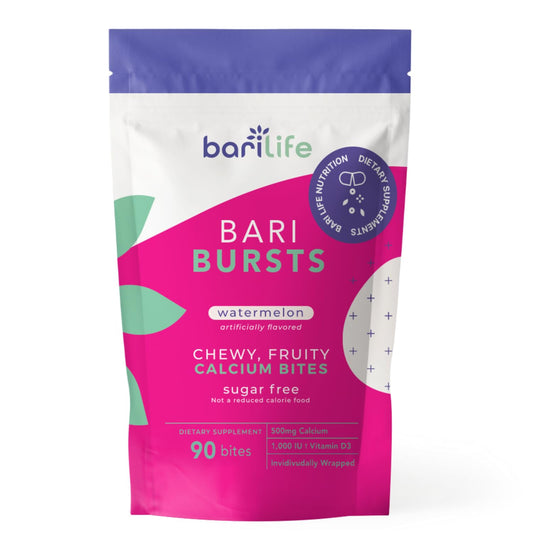 Bari Life BariBurst calcium citrate chews in watermelon bottle with vitamin D3.