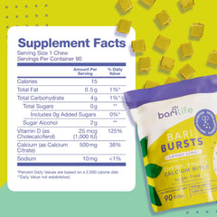 Bari Burst lemon lime label close-up highlights 500 mg calcium citrate and 1000 IU D3.