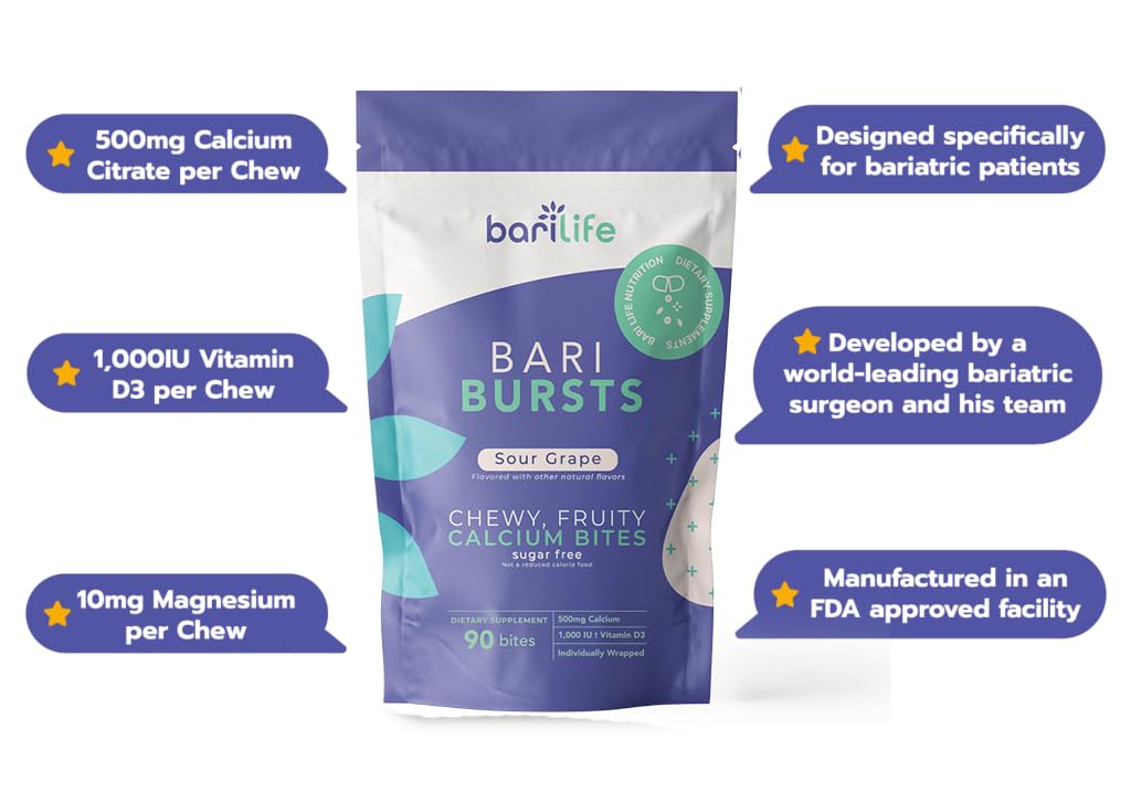 Bari Life Calcium Citrate Chews texture close-up highlights chewy bites for convenient post-surgery snacking