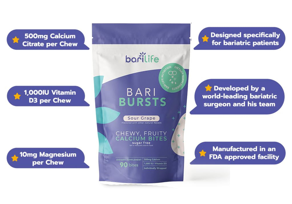 Bari Life Calcium Citrate Chews texture close-up highlights chewy bites for convenient post-surgery snacking