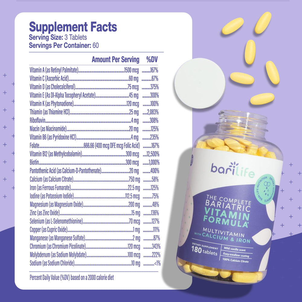 Bari Life complete bariatric bottle back label with ingredients and dosage details