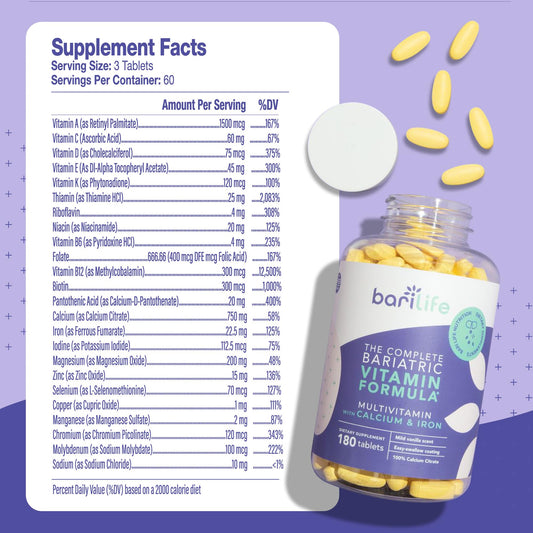 Bari Life complete bariatric bottle back label with ingredients and dosage details