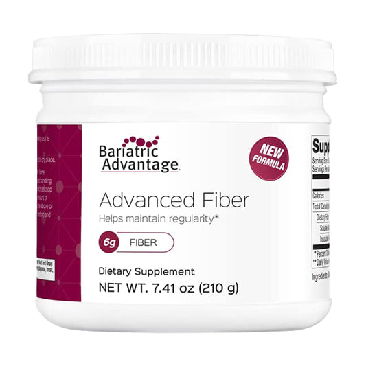 Bariatric Advantage Advanced Fiber unflavored powder in a tub dissolves quickly for daily fiber support.