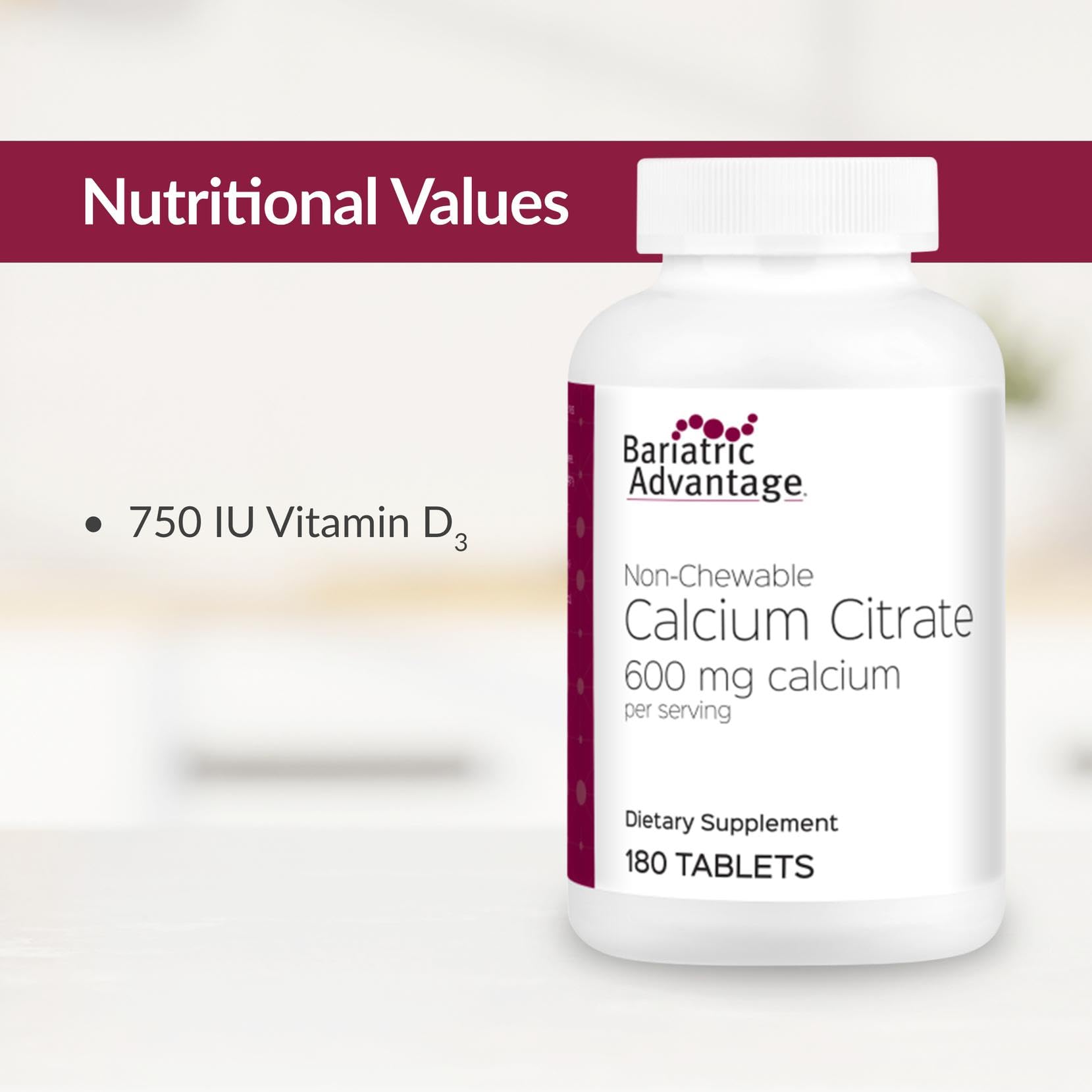 Bariatric Advantage packaging side view of the calcium citrate 600 mg bottle.